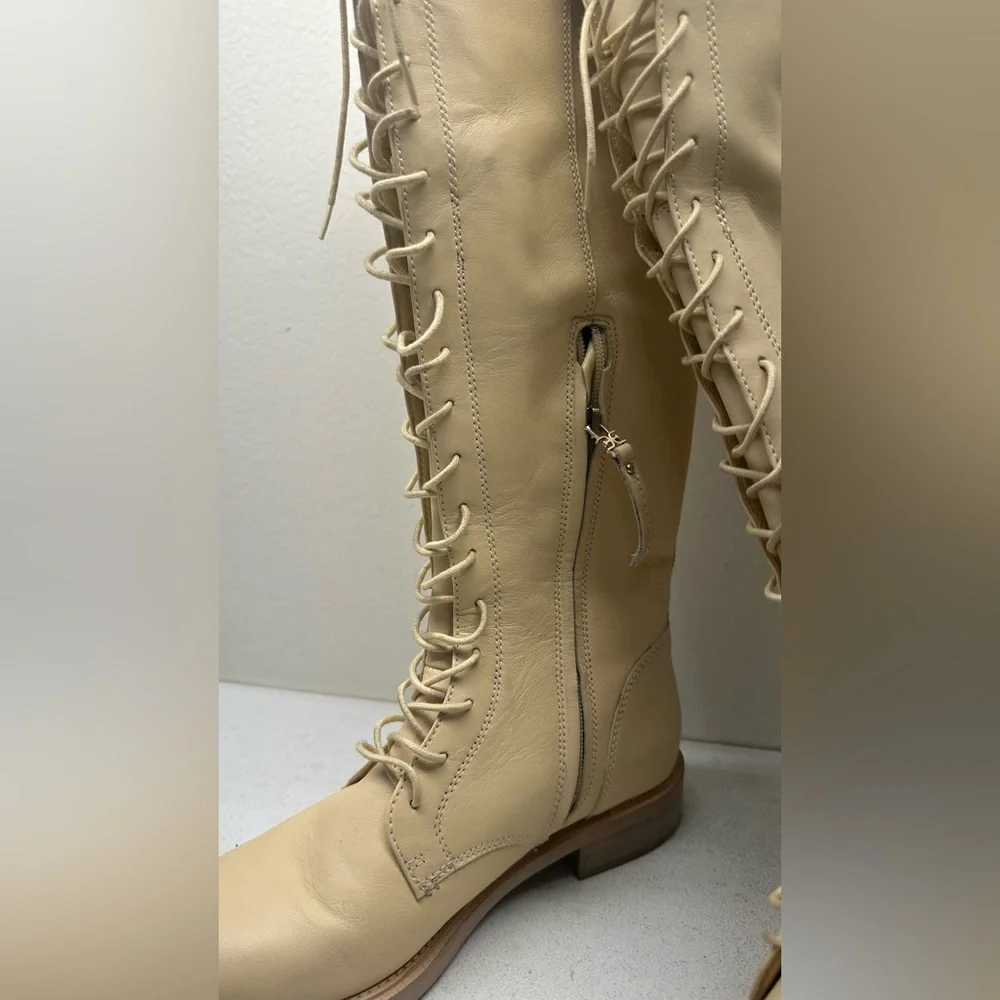 Sam Edelman Nance Lace Up Knee-High Boots, Cream, Size 7.5